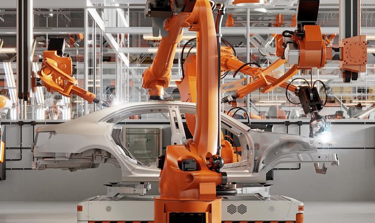3d render of automatic car production line with robotic arms welding parts - stock photo