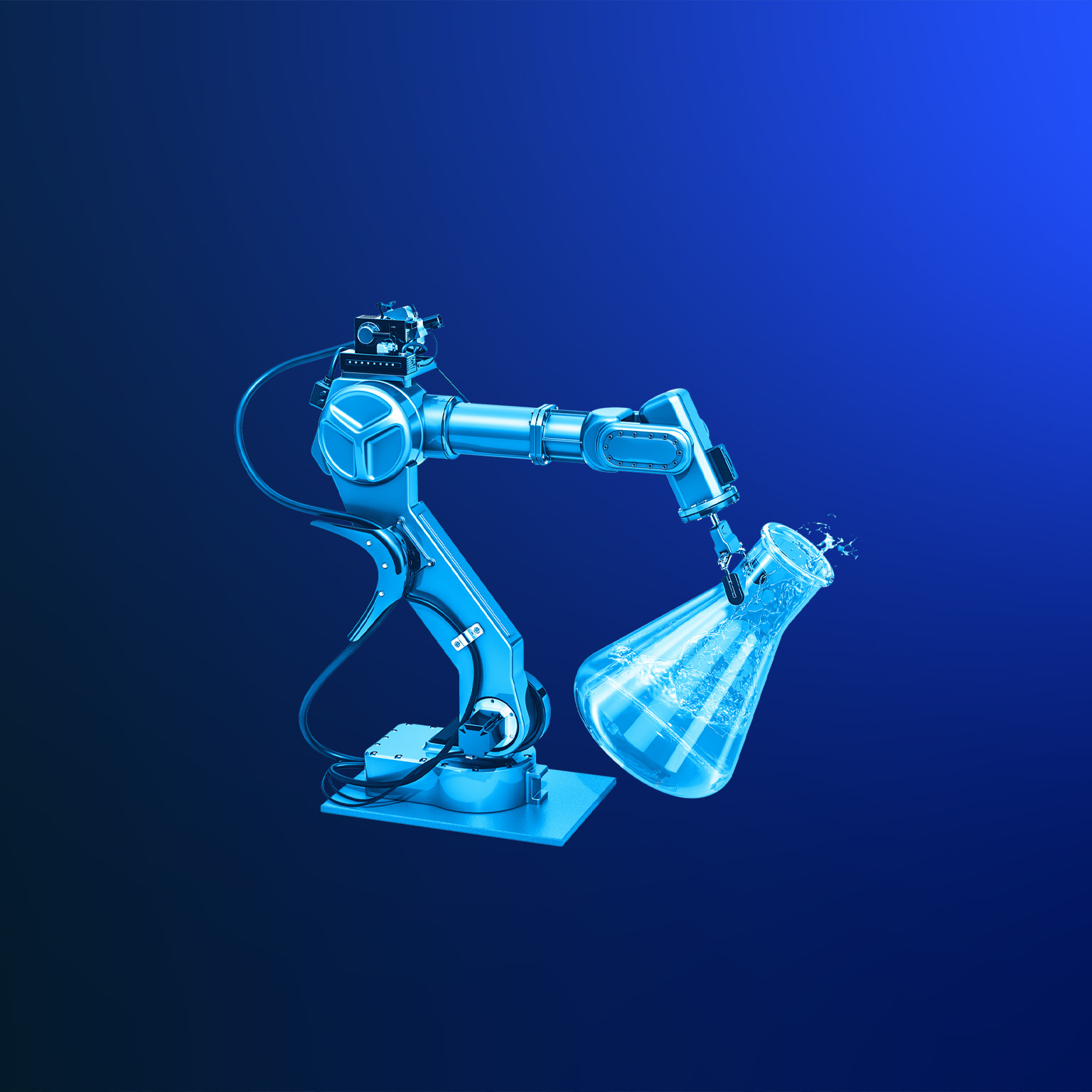 A robotic arm is pouring a chemical liquid into a blue glass beaker 