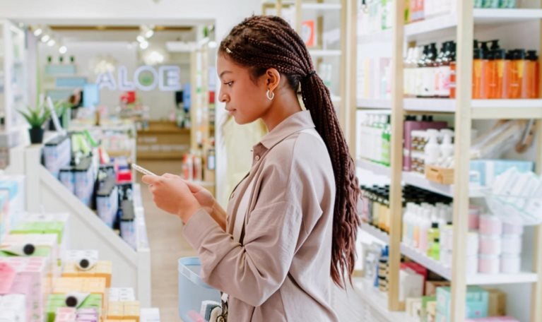 A beauty montage shows cosmetics, eye makeup application, a shopper browsing skincare products, cologne being sprayed, and an older woman applying facial skincare.