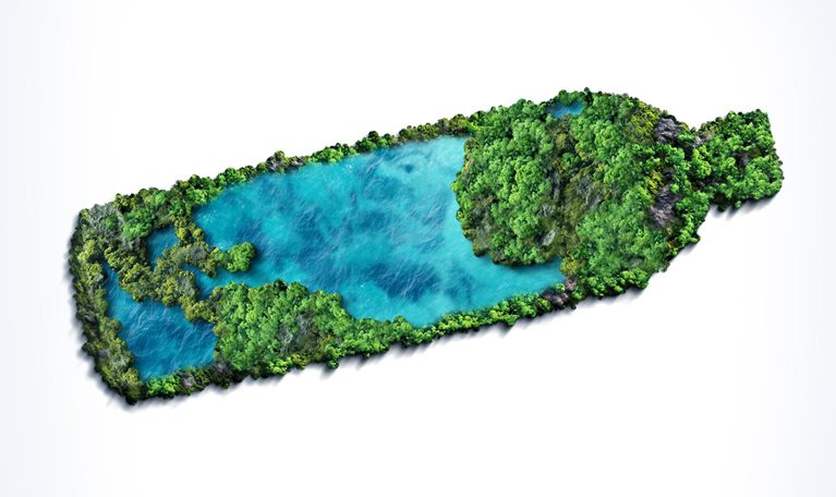 Green cover and blue waters in the shape of a bottle