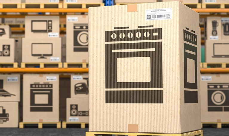 Cardboard box with gas cooker in warehouse with household appliances and kitchen electronics in boxes. Online purchase, shopping and delivery concept. - stock photo
