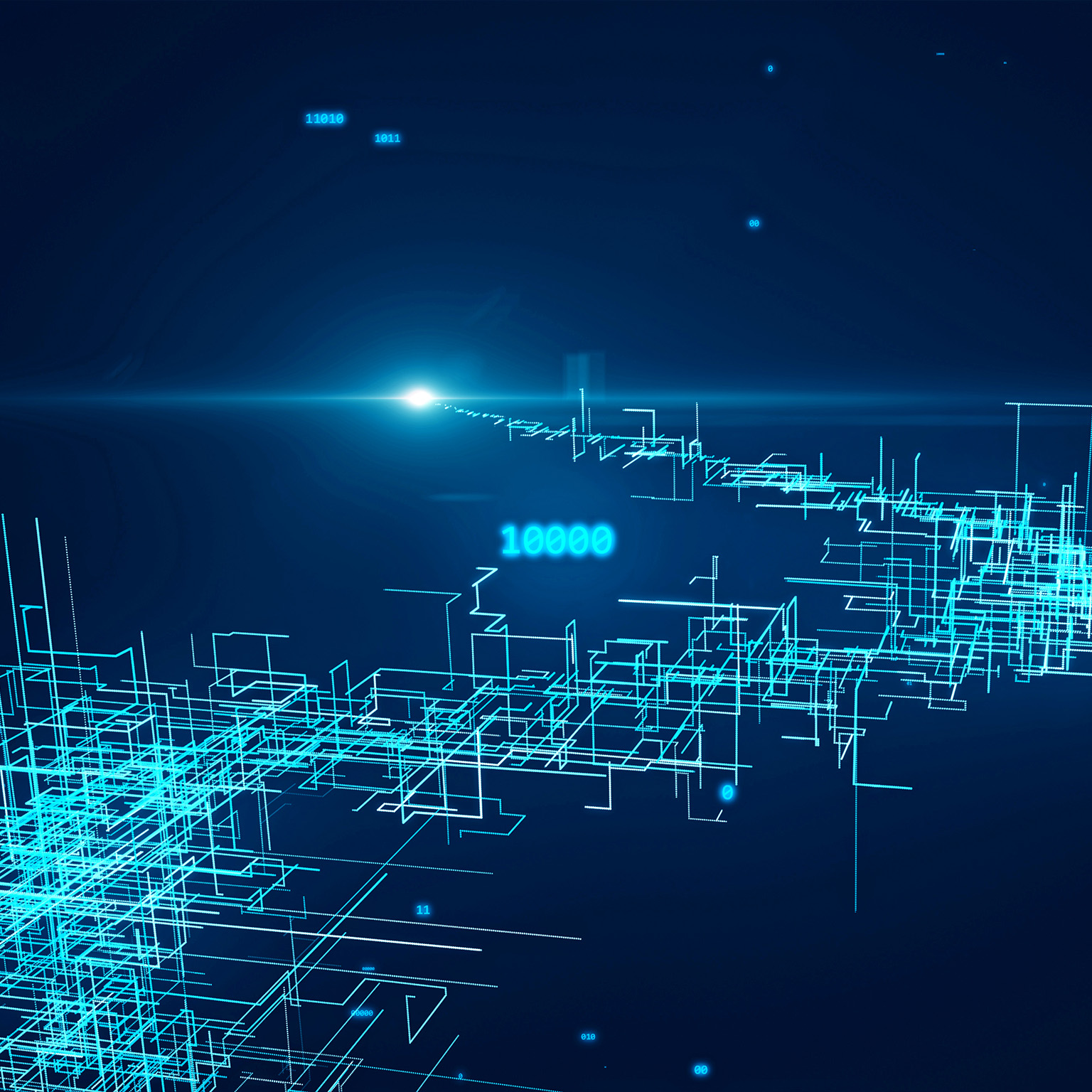 A brilliant illumination followed by a complex web of linked lines and nodes, resembling a circuit board, all depicted in varying shades of blue.