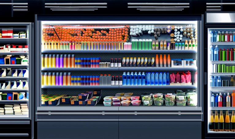 Open refrigerator in a supermarket showcase brandless packagings and bottles of juice, coffee, energy drinks, water, smoothies, salad, puree, and diverse food items.