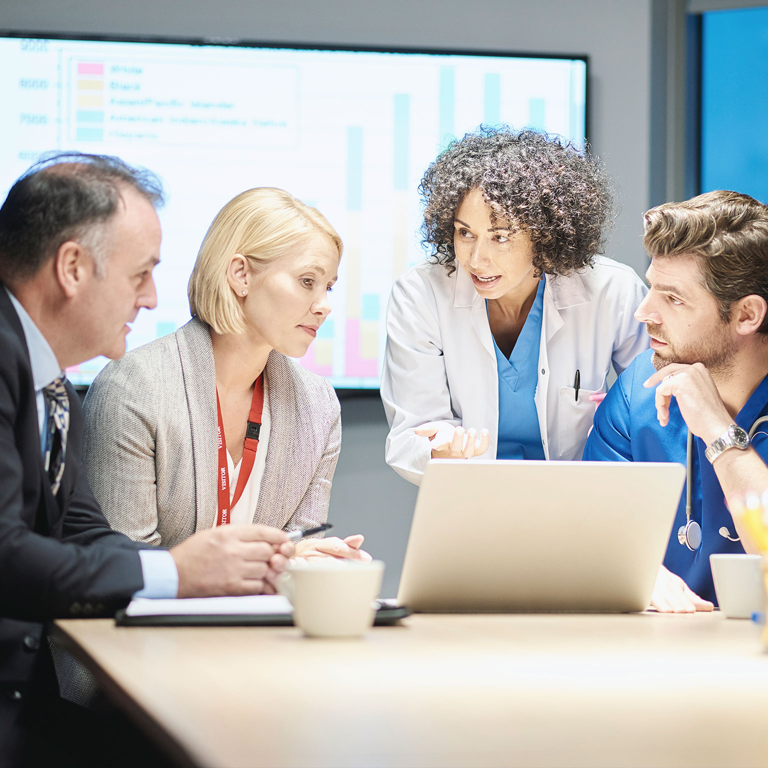 a mixed group of healthcare professional and business people meet around a conference table