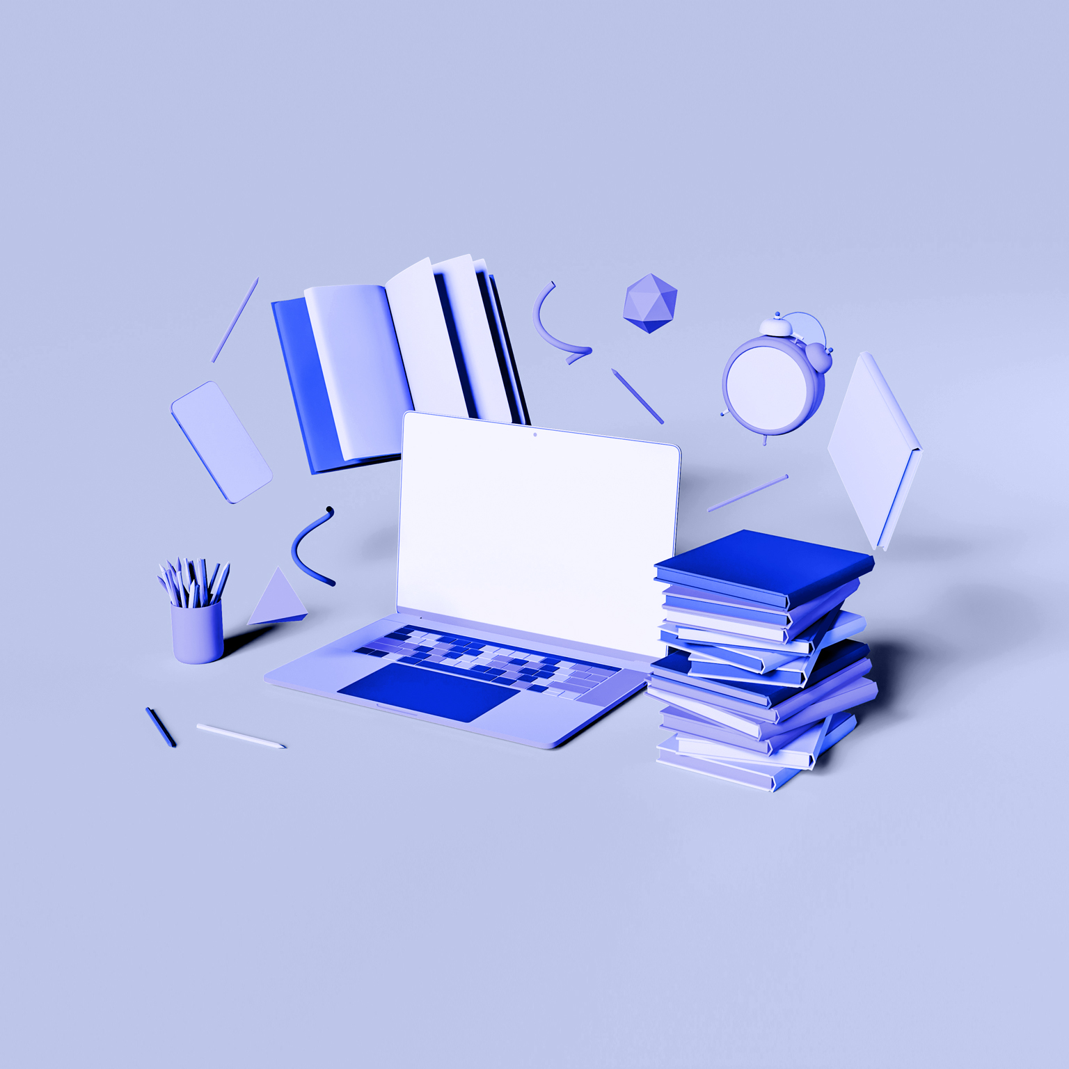 Books, laptop, timepiece, other study implements