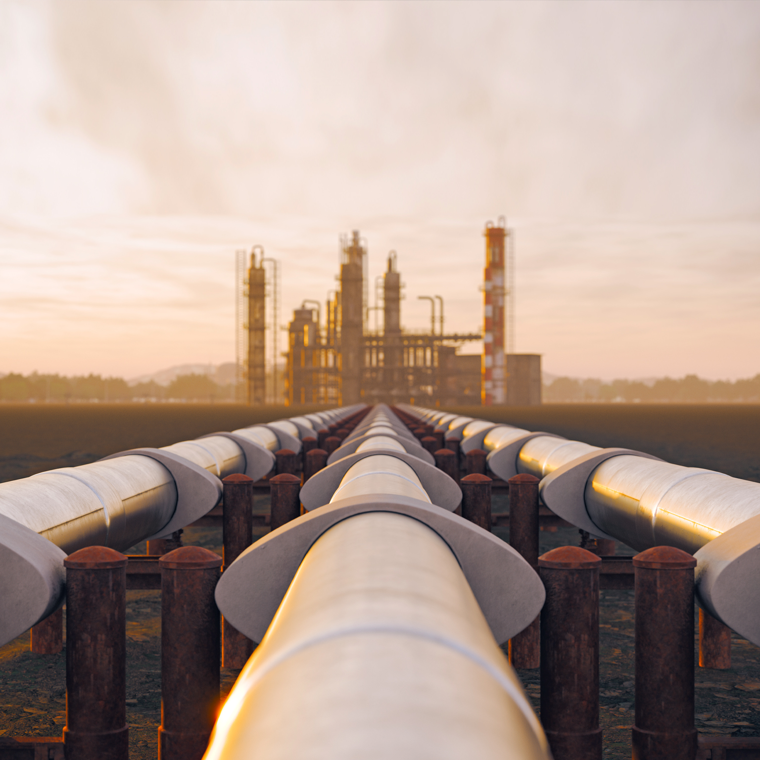 Oil refinery and pipeline in desert during sunset