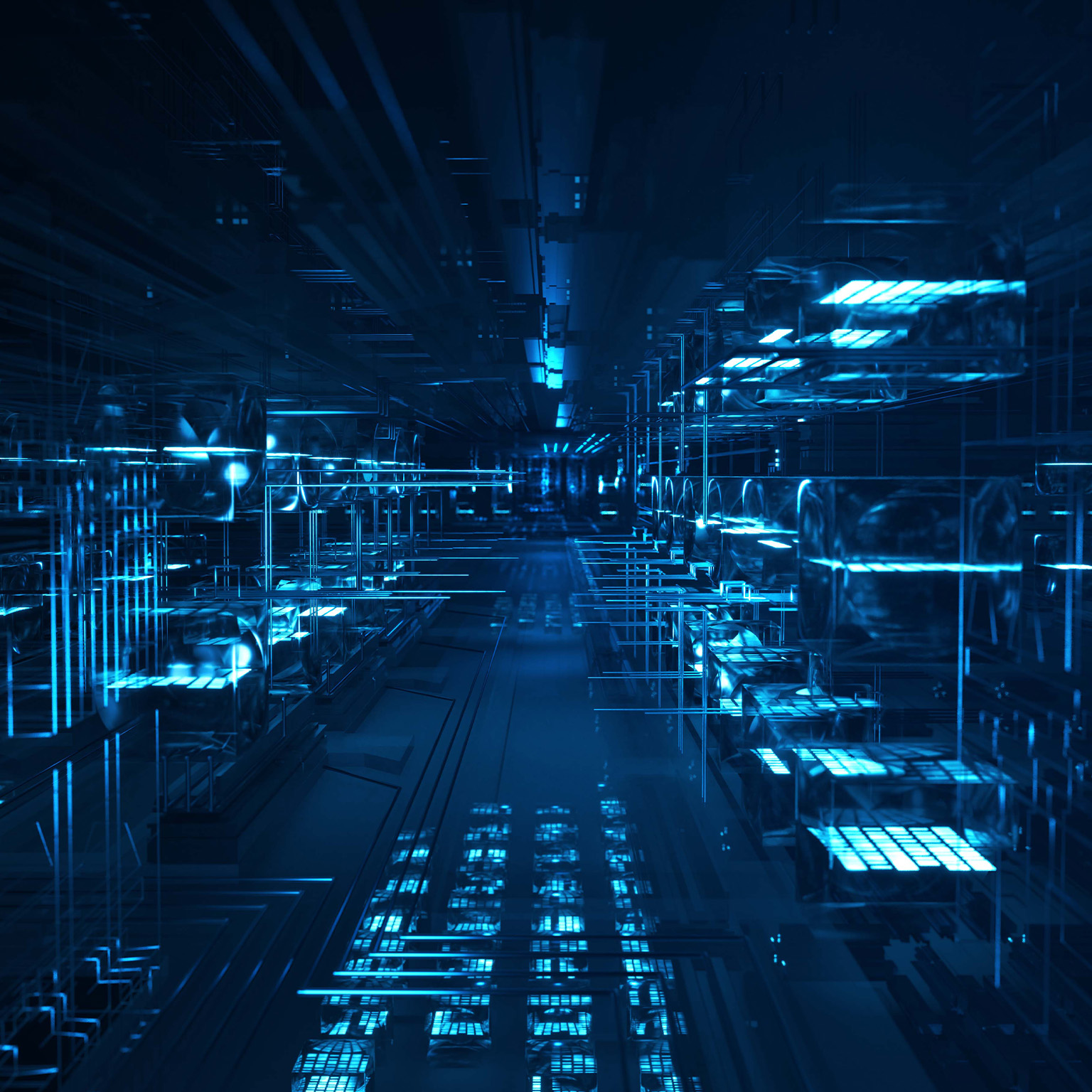 Futuristic server room tunnel on a dark background.