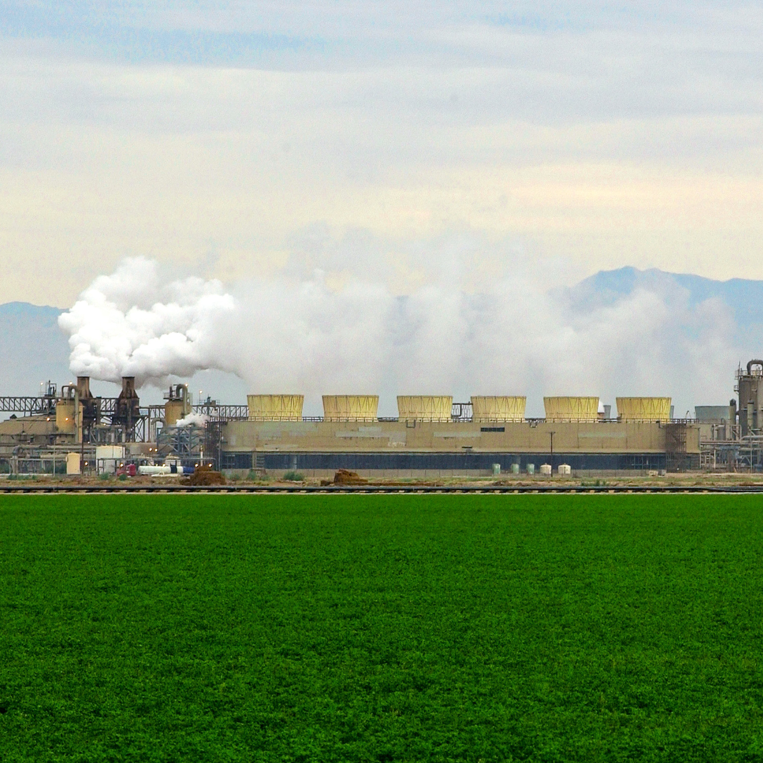 A vibrant green field in the foreground, contrasting with a large geothermal complex in the background. Smoke billows from the chimneys, and distant mountains complete the scene.