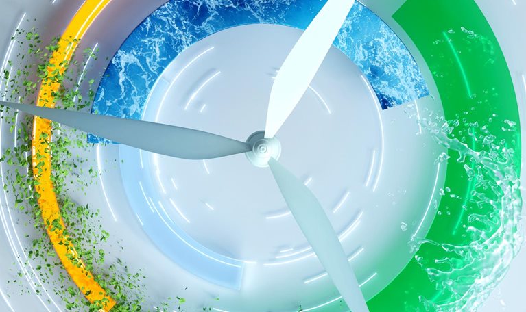 Wind turbine blades centered against a circular design, made up of water, green leaves, and graph elements.