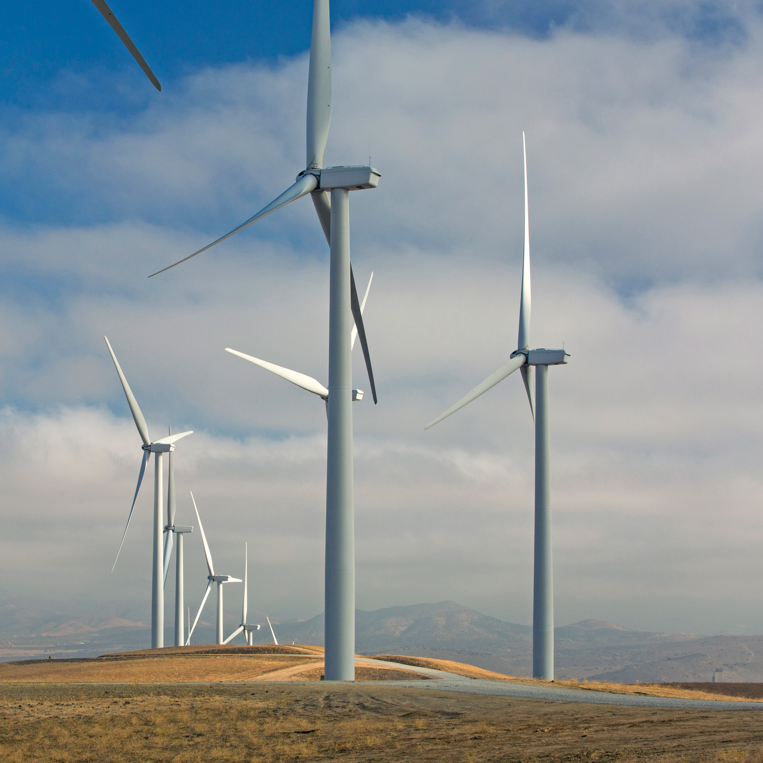 Part of the Pehachapi Pass wind farm, the first large scale wind farm area developed in the US, California, USA, at sunrise