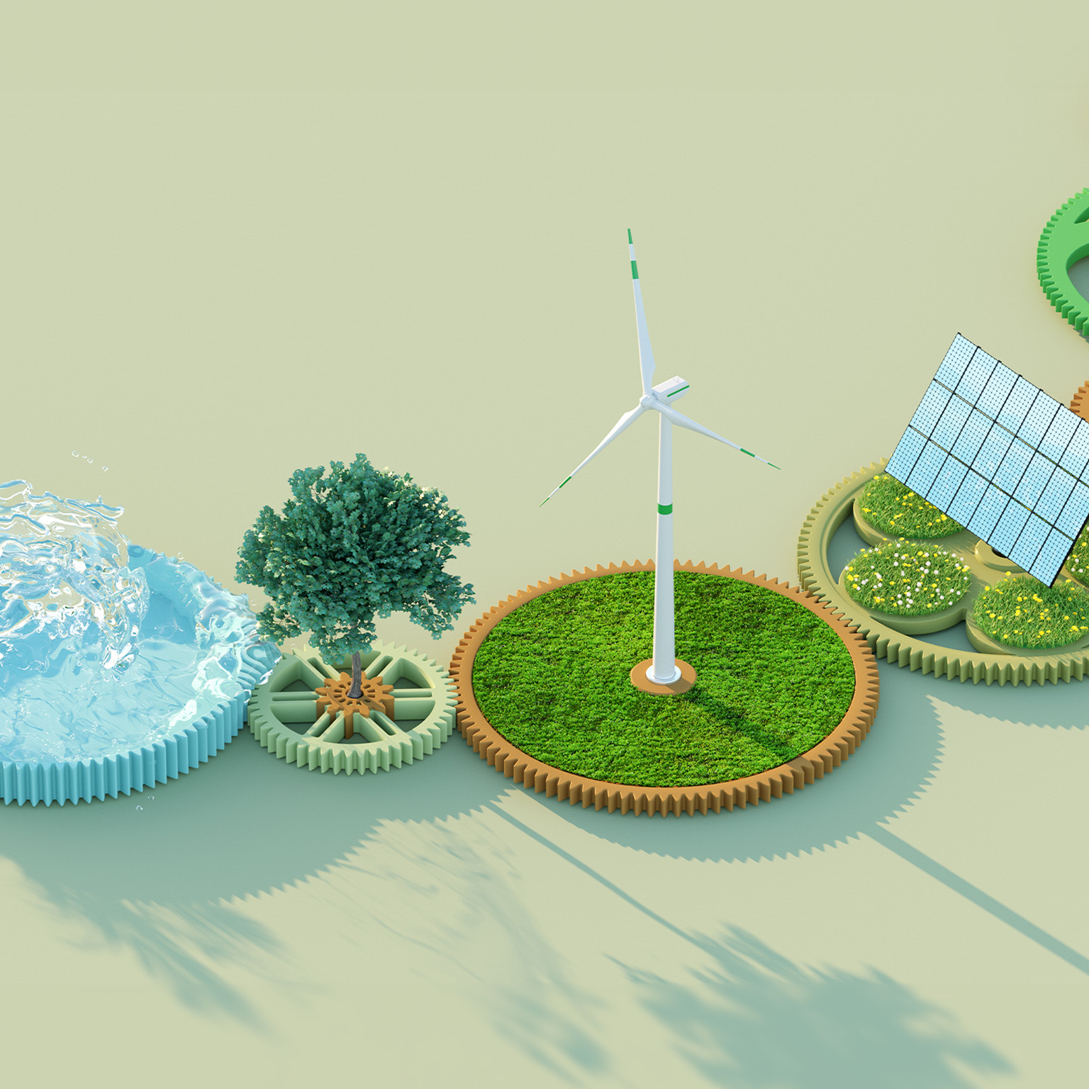 Illustration showing various sustainable energy sources in circular pattern.