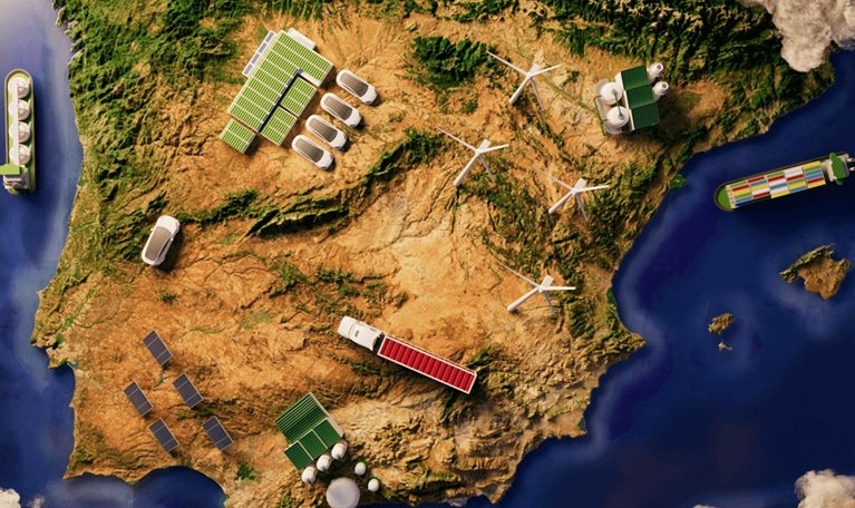 Illustrated overhead map of Iberian peninsula with renewable energy options dotting the landscape.