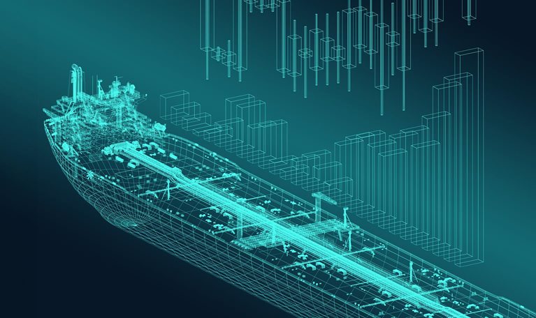 Ascending chart against the background of the tanker ship schematics.