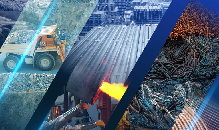 The image shows a collage representing the metals and materials lifecycle, covering extraction, processing, manufacturing, recycling, and finished metal products.