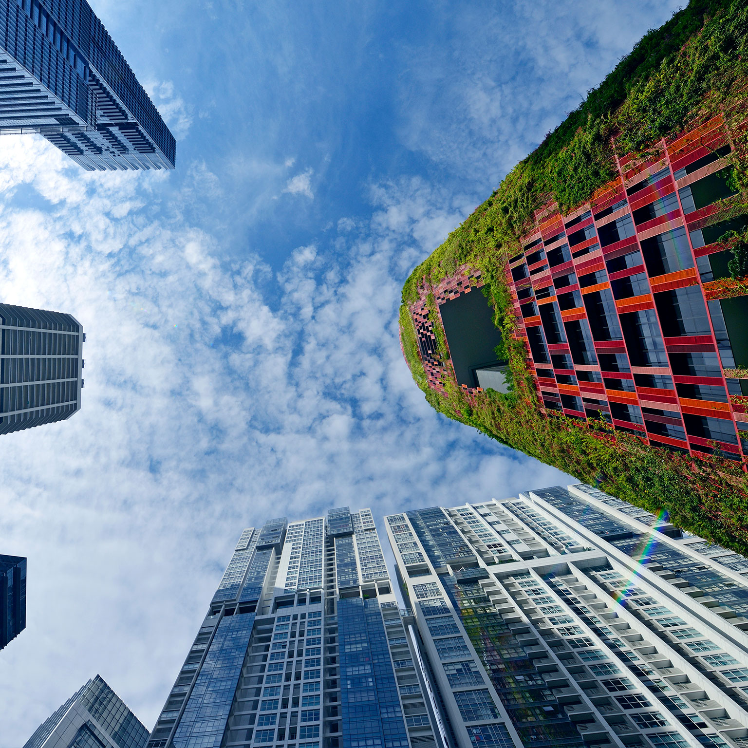 Blue and green high-rise buildings