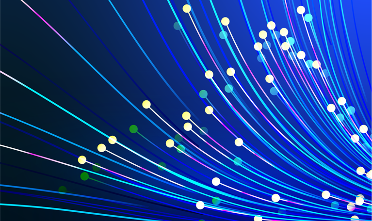 The image shows an abstract digital illustration of fiber optic cables with glowing light pulses and data streams against a dark blue background.