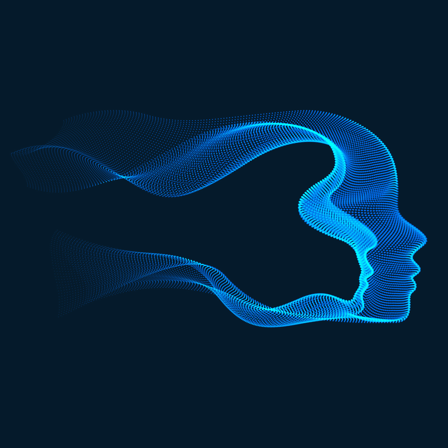 Abstract representation of a human head composed of dotted particles and vector wave shapes, symbolizing artificial Intelligence