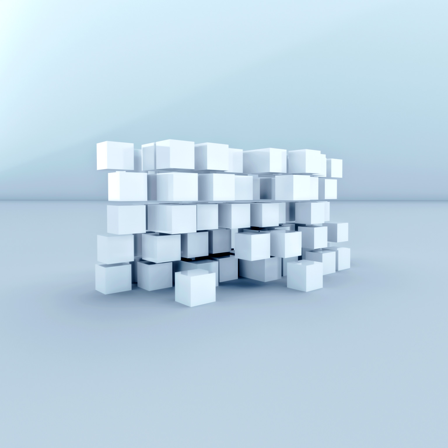 A cluster of semi floating white cubes on a light background