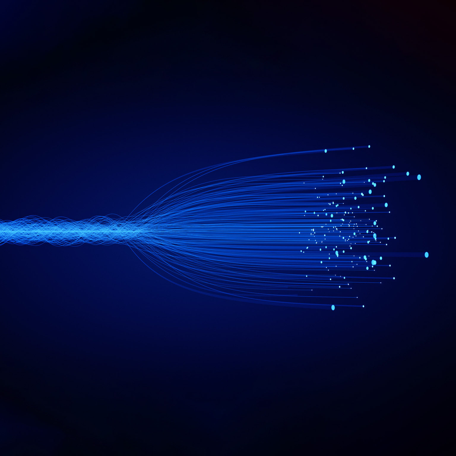 Filaments of light that go from a compact collection to a dispersed array. 