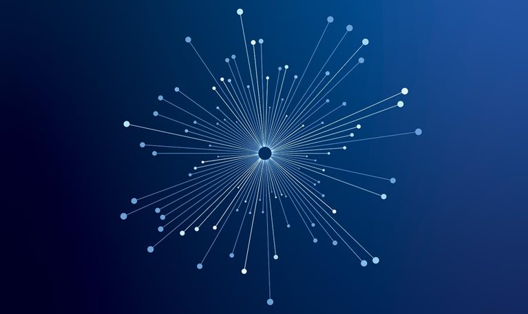 Concentric lines with circles of different sizes at the ends on a blue background