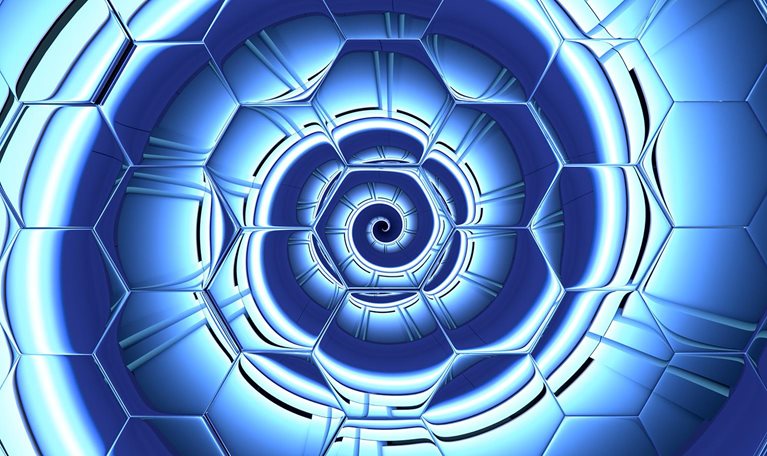 Animation of a spiral slowing spinning behind hex-patterned glass.