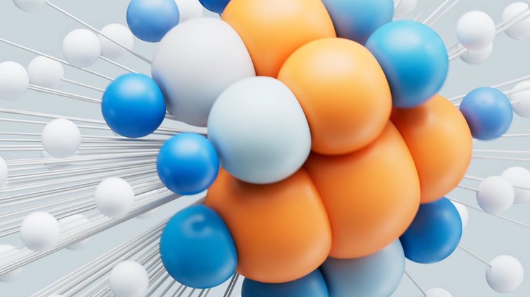 A complex moving arrangement of blue, orange, and white spheres connected in a circular formation, with slender lines stretching from a central point, reminiscent of a sophisticated molecular network. As the center point shifts, the spheres near its core expand.