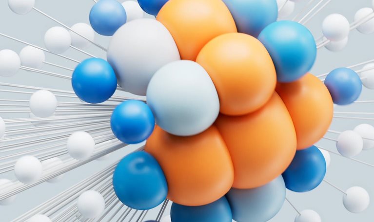 A complex moving arrangement of blue, orange, and white spheres connected in a circular formation, with slender lines stretching from a central point, reminiscent of a sophisticated molecular network. As the center point shifts, the spheres near its core expand.