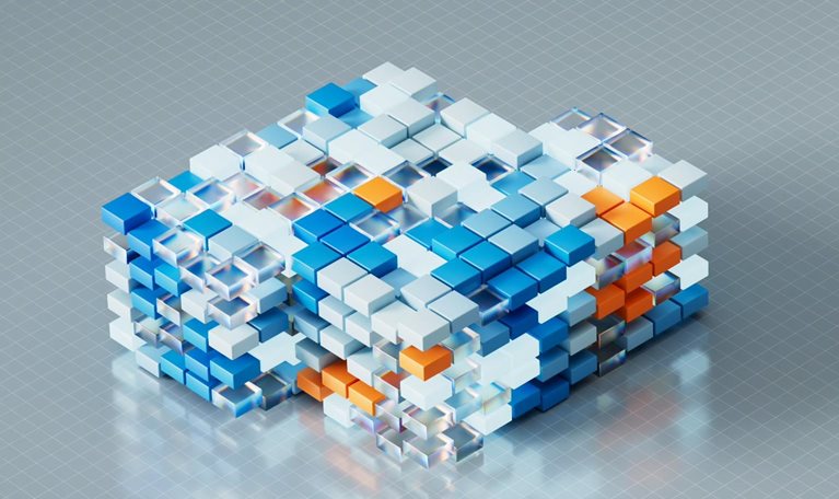 Colorful flat-shaped cubes in shades of blue and orange, shuffling around in a hurried manner to create various shapes and color patterns.