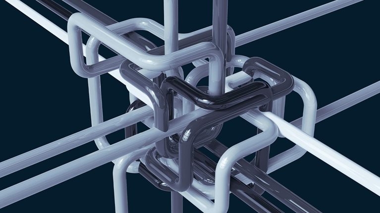 Digital picture with colorful pipes network system converging in a place from different directions.