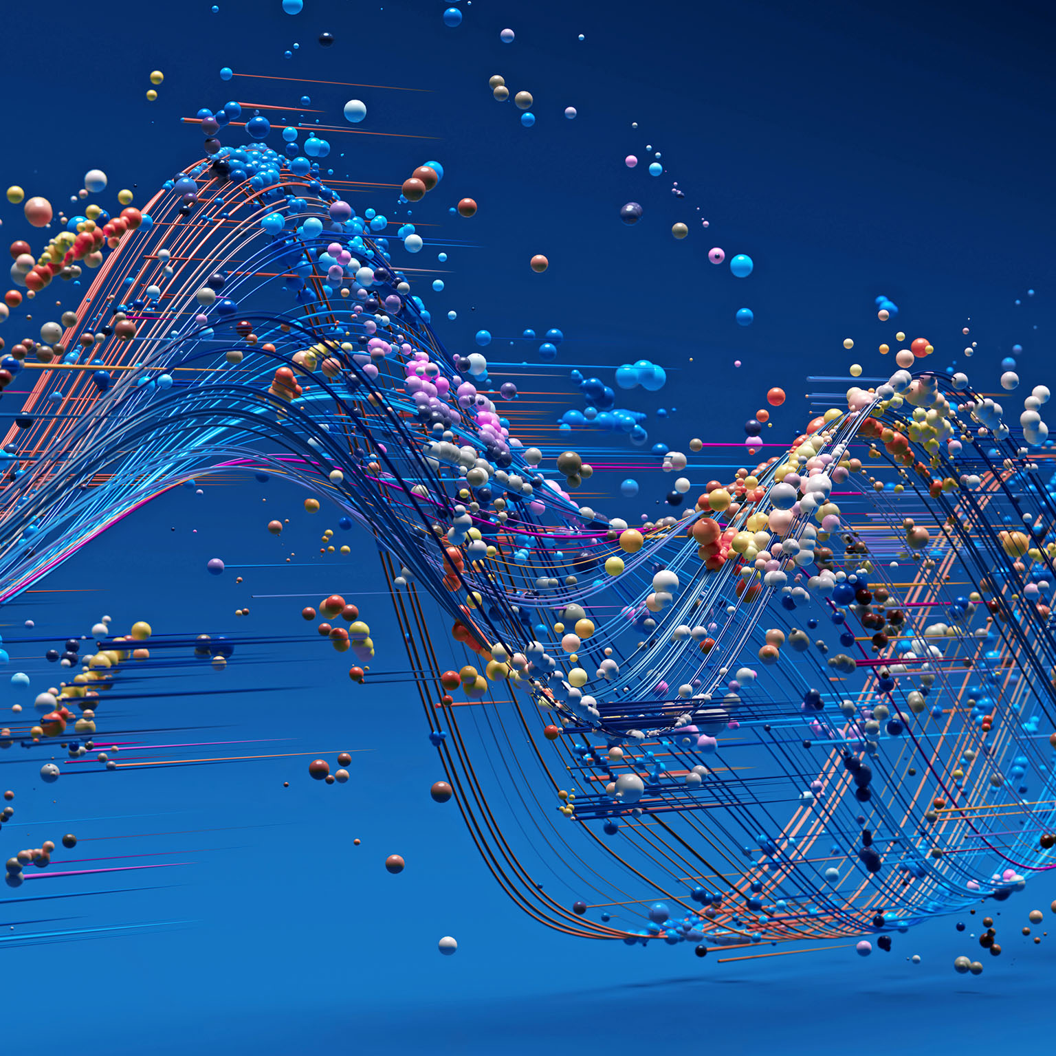 Abstract streams of colorful lines and small spheres flow in wave-like patterns across a blue background