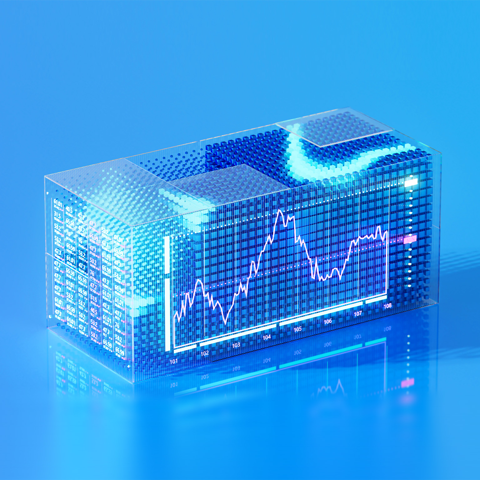 A futuristic image of a transparent rectangular prism displaying a fluctuating line graph and financial data.