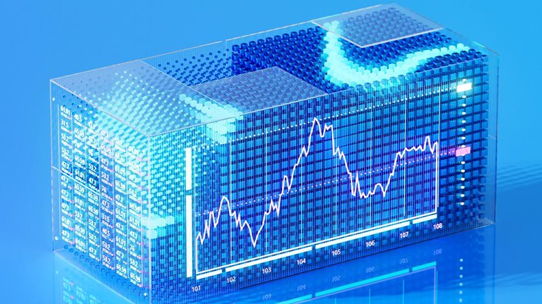 A futuristic image of a transparent rectangular prism displaying a fluctuating line graph and financial data.