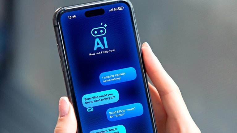 Image alt text: Young Woman Using AI Chat-bot Assistant on Smartphone