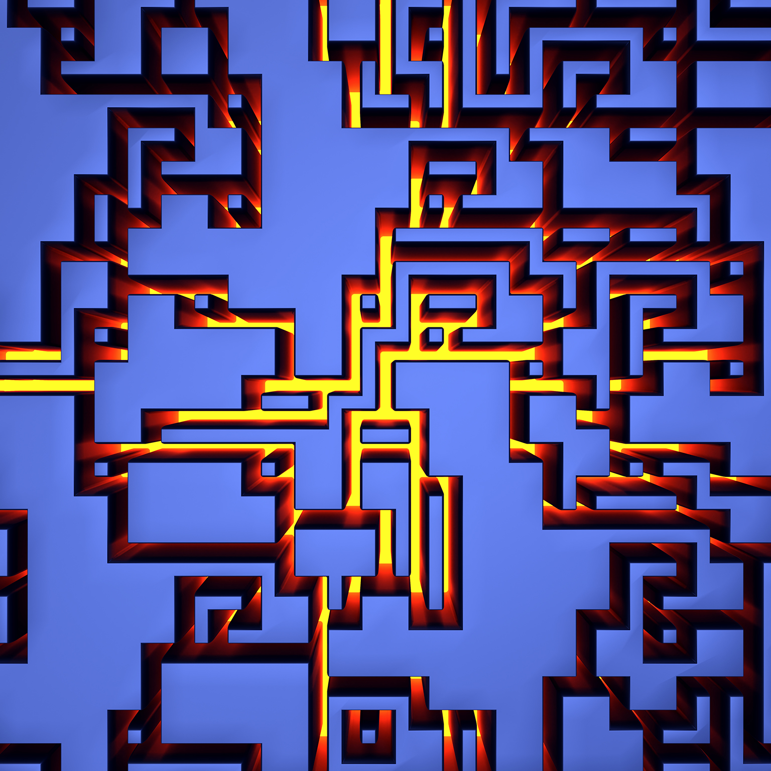 Maze business challenge blue background with yellow light risk and decision labyrinth 3D illustration