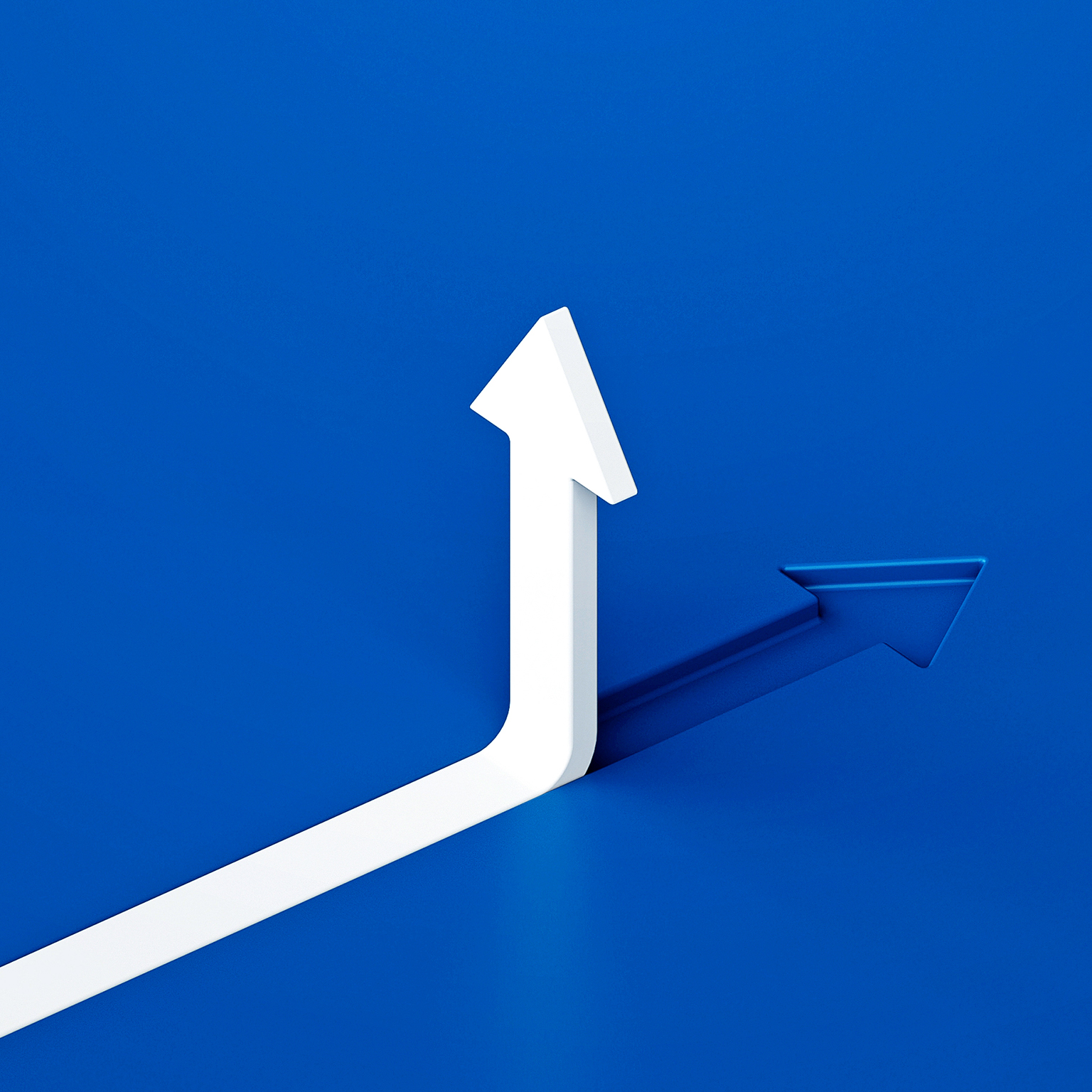 White arrow sloping upward in a blue background merging with a blue arrowhead