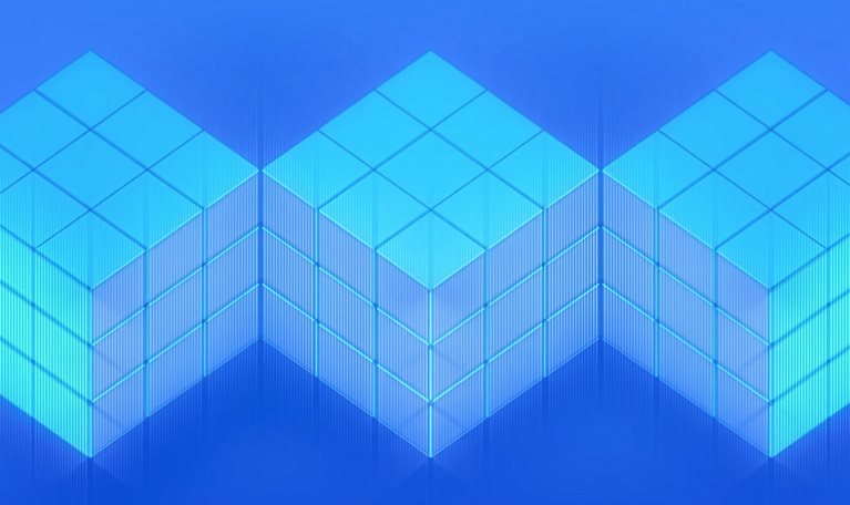 Three connected stacks of translucent blue cubes form a geometric structure transforming and rearranging.