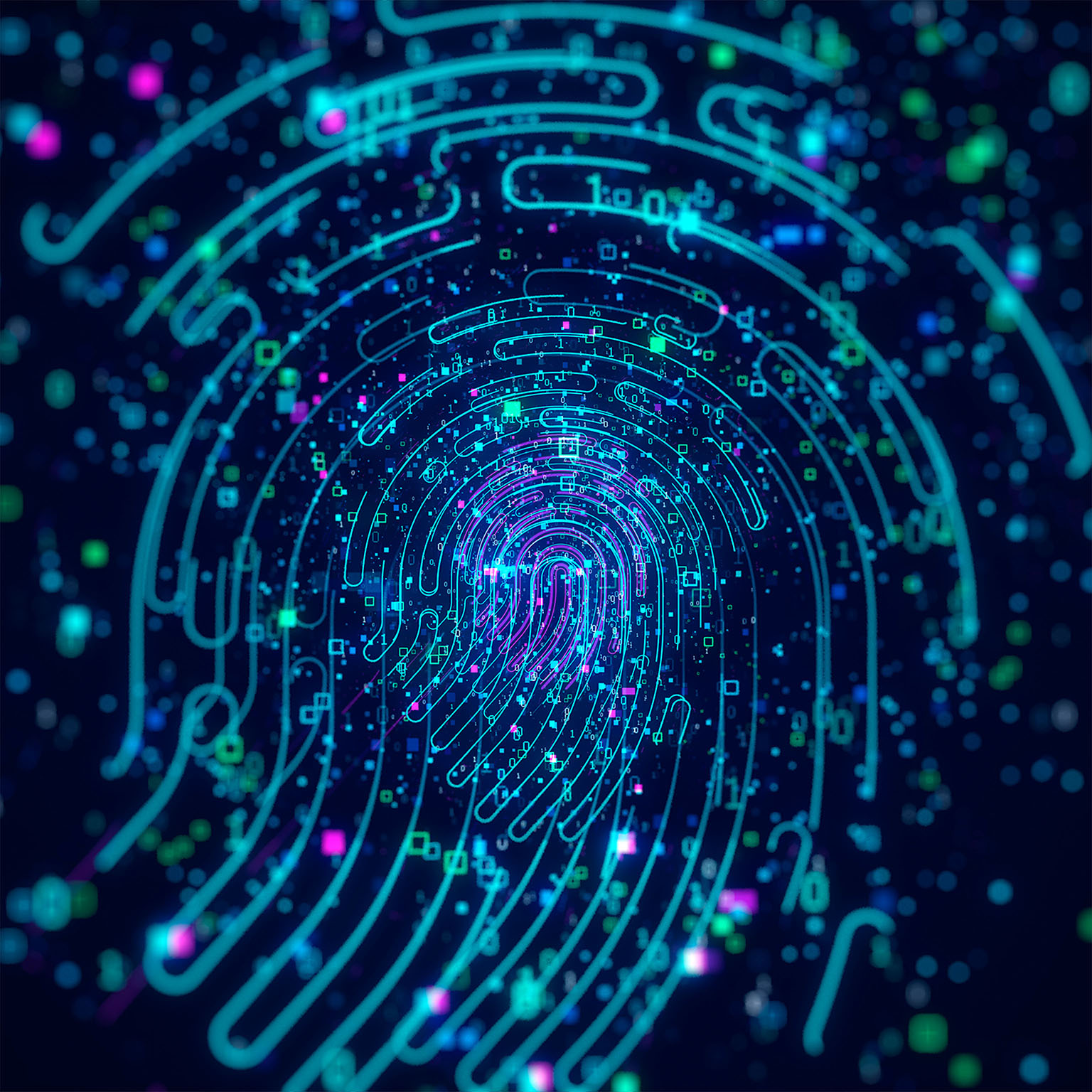 Digital generated image of data forming fingerprint icons on black background. Data security concept.