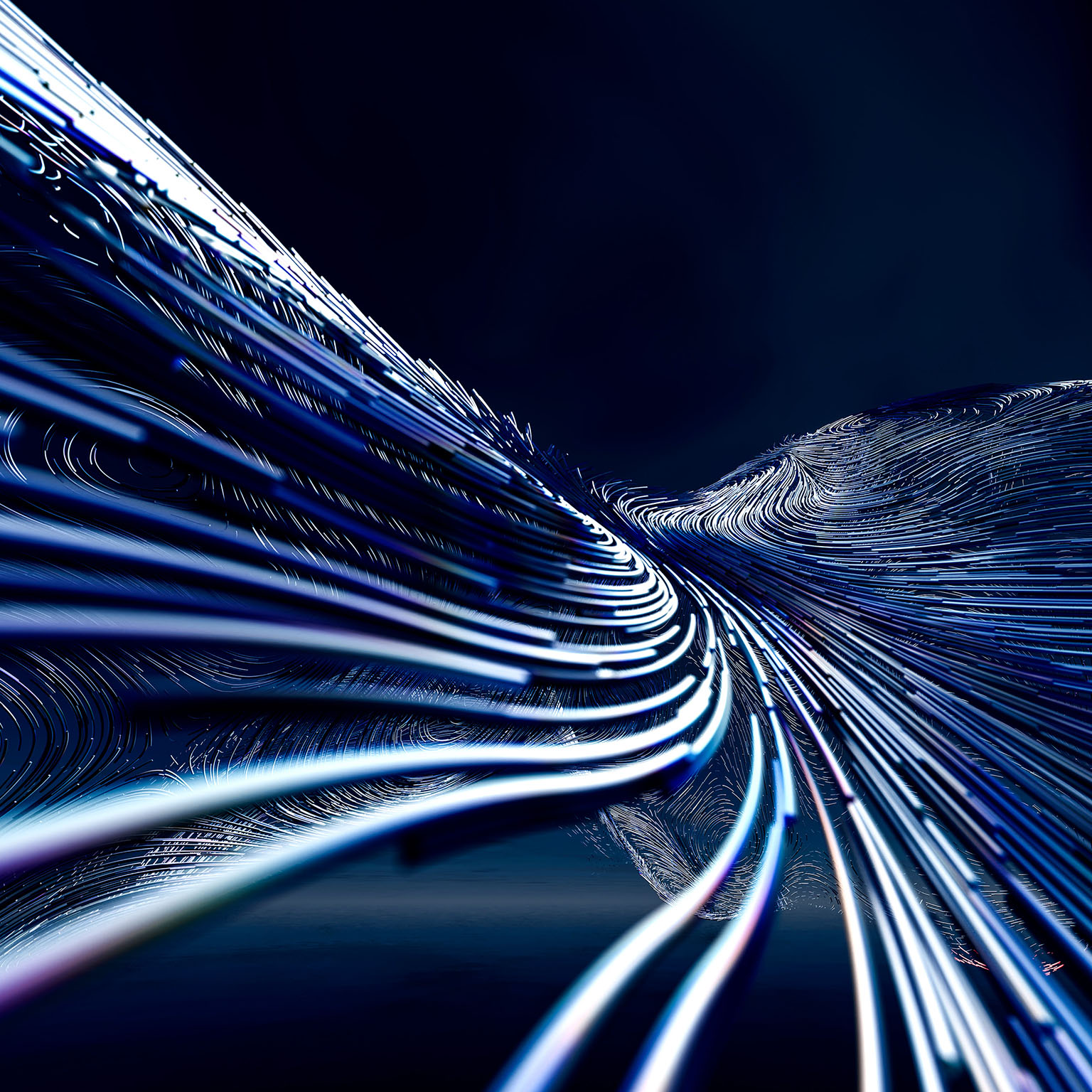 Glowing blue and white lines converge in a flowing digital landscape.