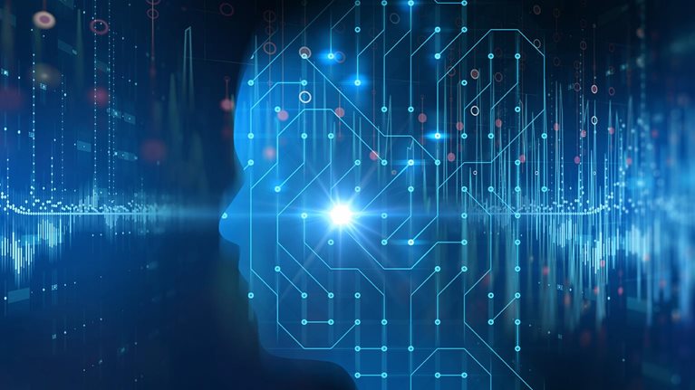 Silhouette of virtual human on circuit pattern technology 3d illustration