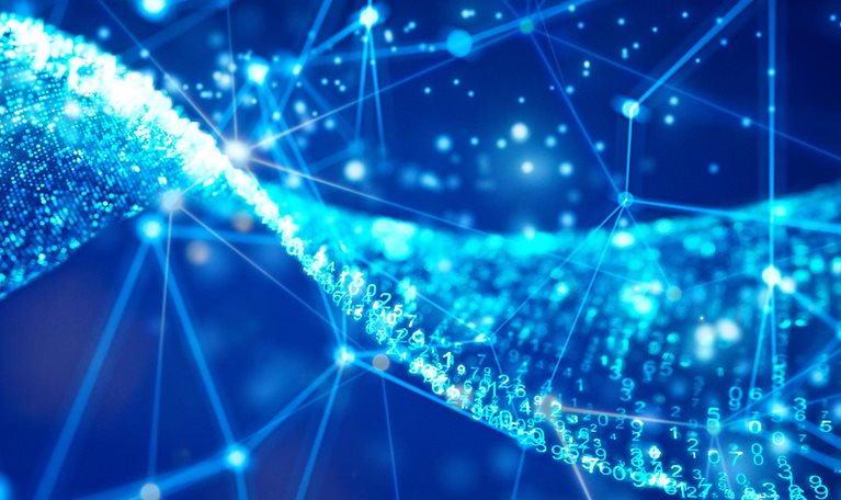 Glowing particle data and wire mesh network.