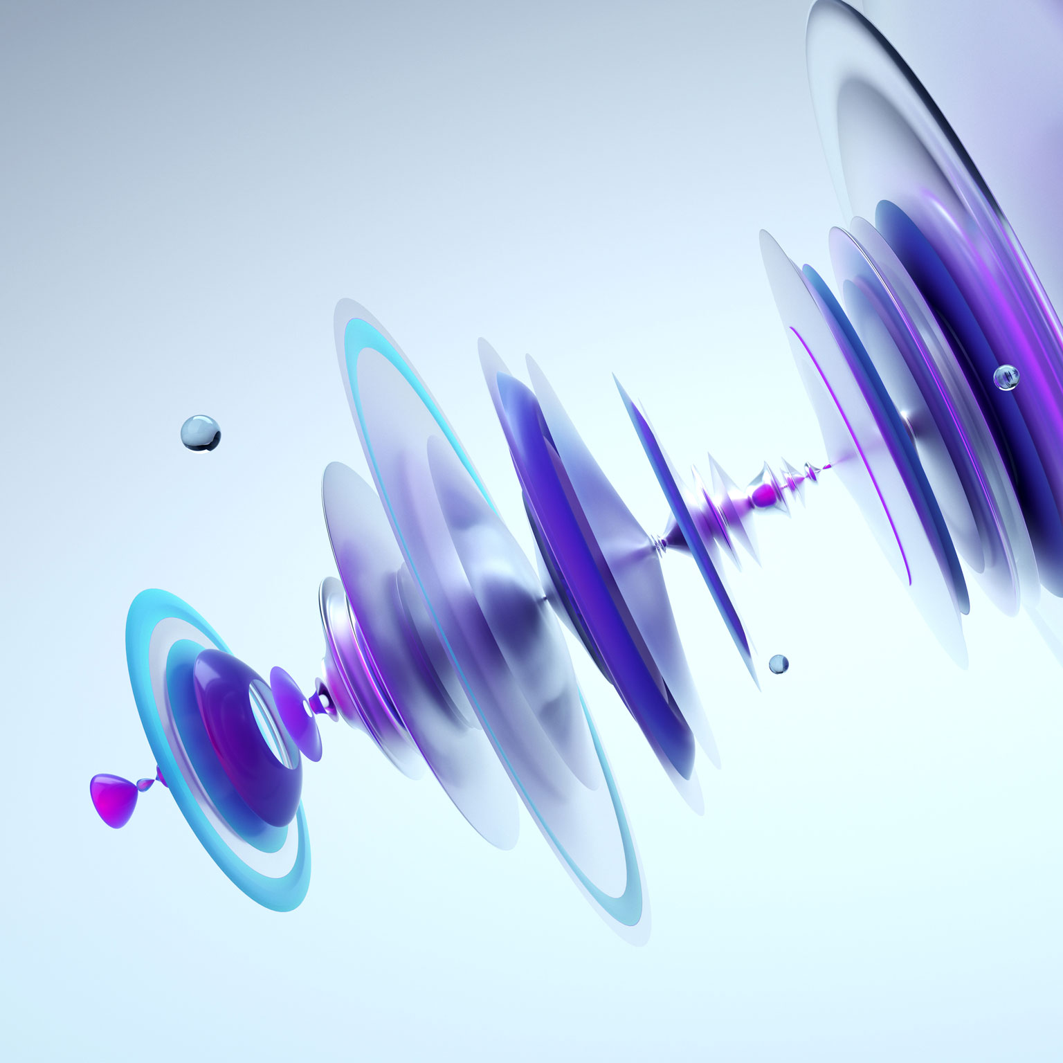 Digital generated image of abstract three dimensional visualisation of semi transparent waveform on grey background.