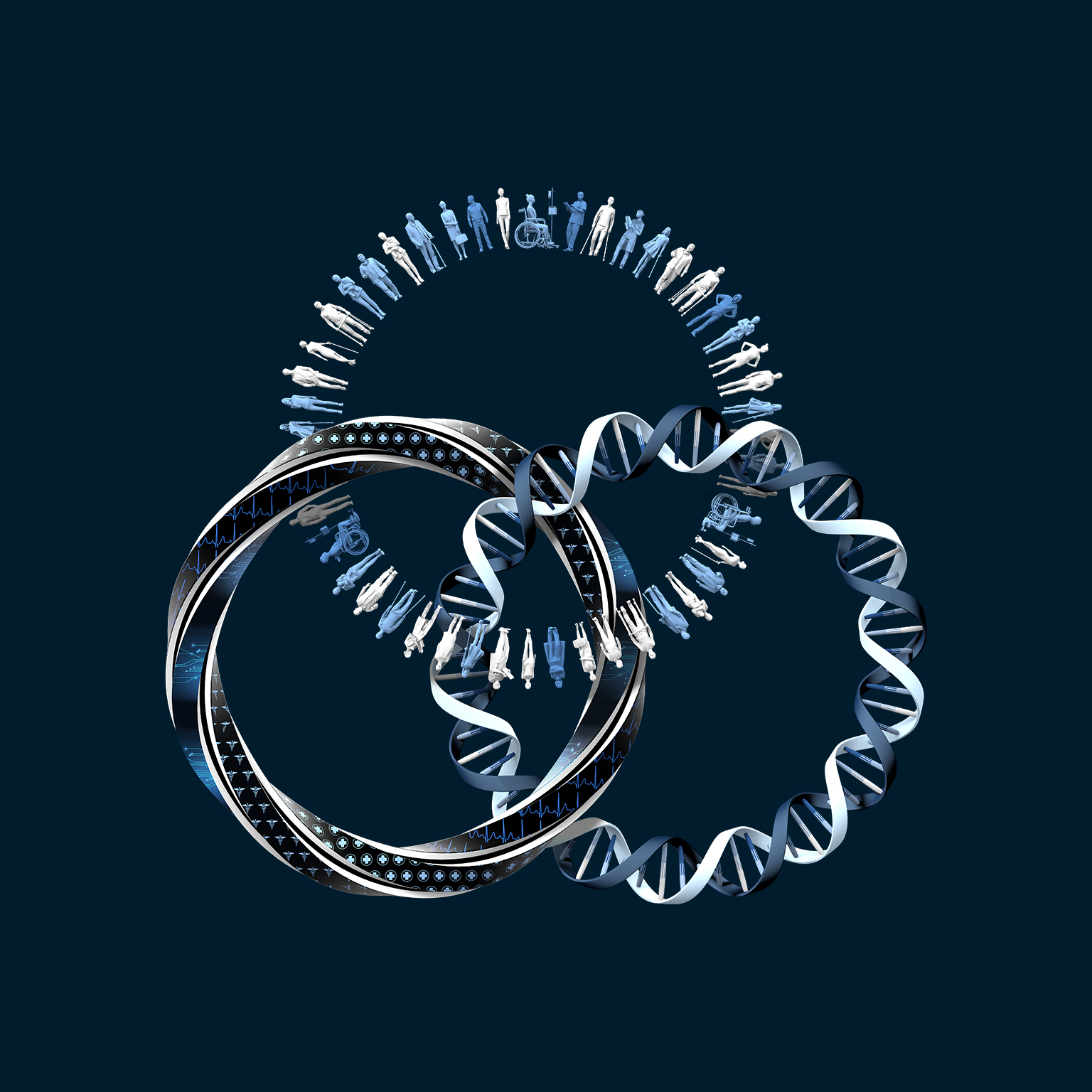 three interlocking circles with data, dna, and people - illustration