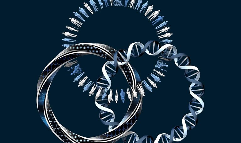 three interlocking circles with data, dna, and people - illustration
