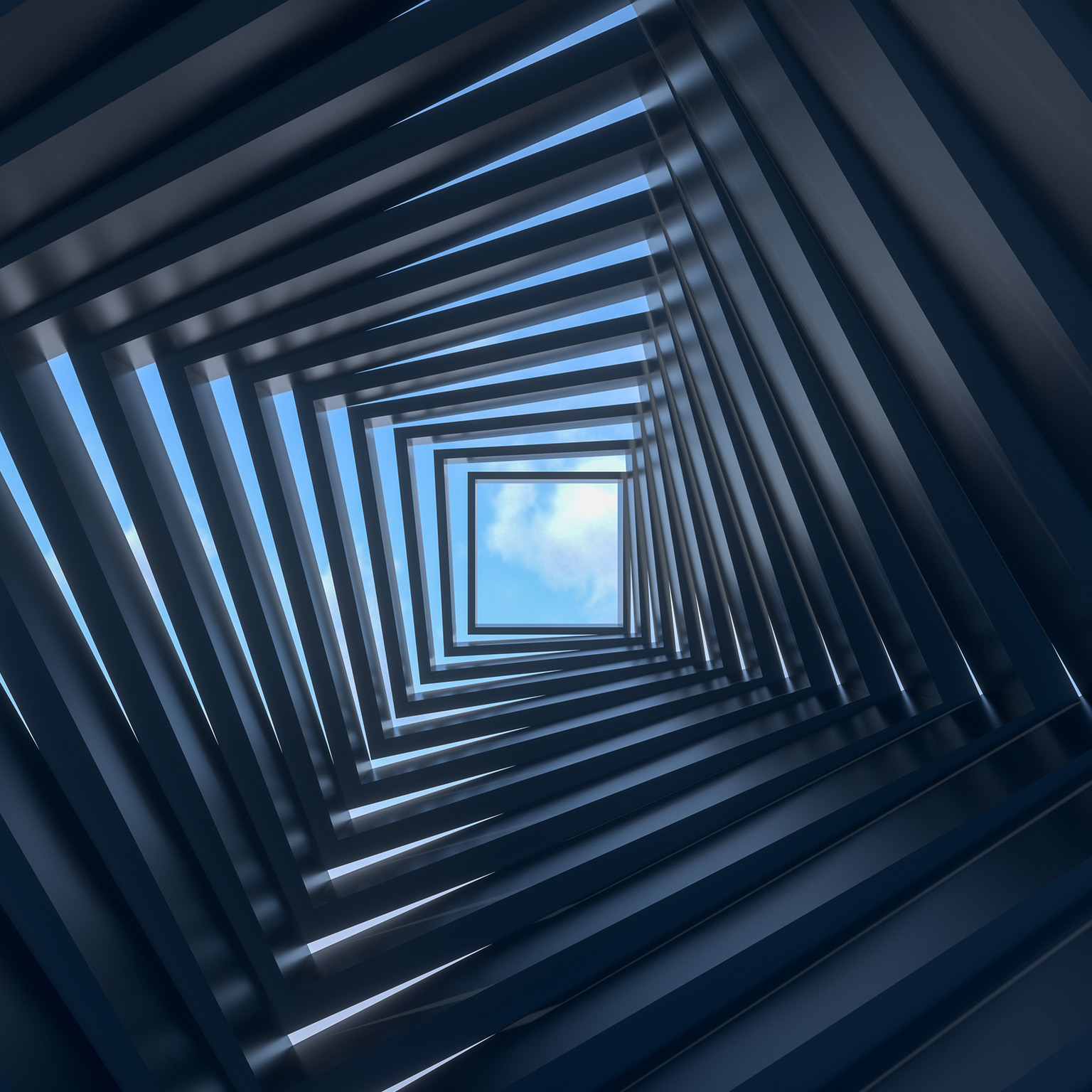 Abstract dark tunnel, doors twisting upwards towards open view of the sky. - 3D rendering