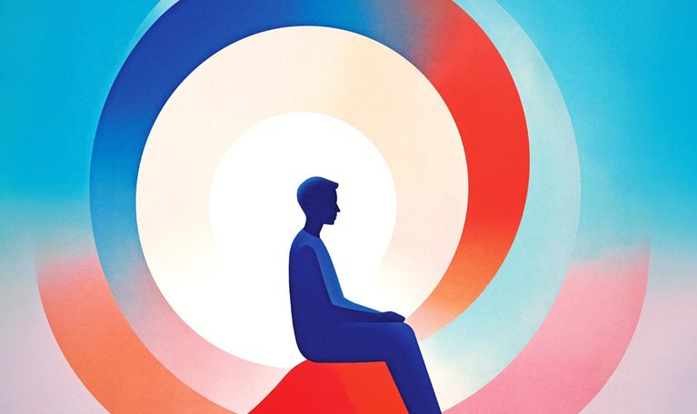 An illustration featuring the blue silhouette of a person sitting in profile against an abstract background. They are centered within large, swirling concentric circles of crimson, white, and blue, evoking a sense of calm and introspection.