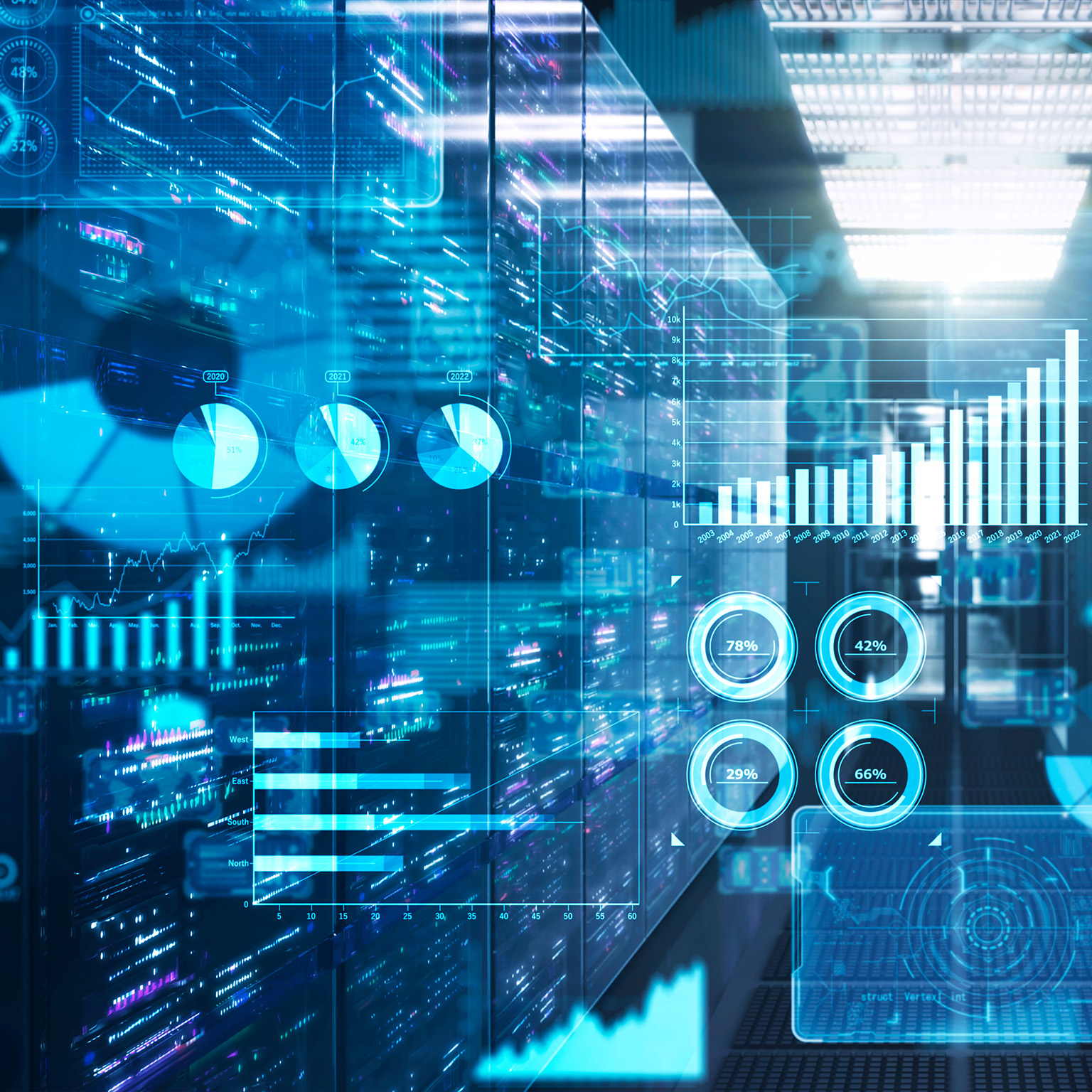 Futuristic server room with flowing digital data in the air. - stock photo