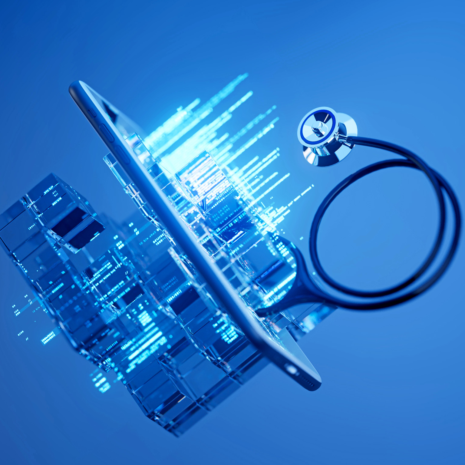 A stethoscope wraps around a smartphone surrounded by glowing digital structures and data-like patterns, representing the integration of AI