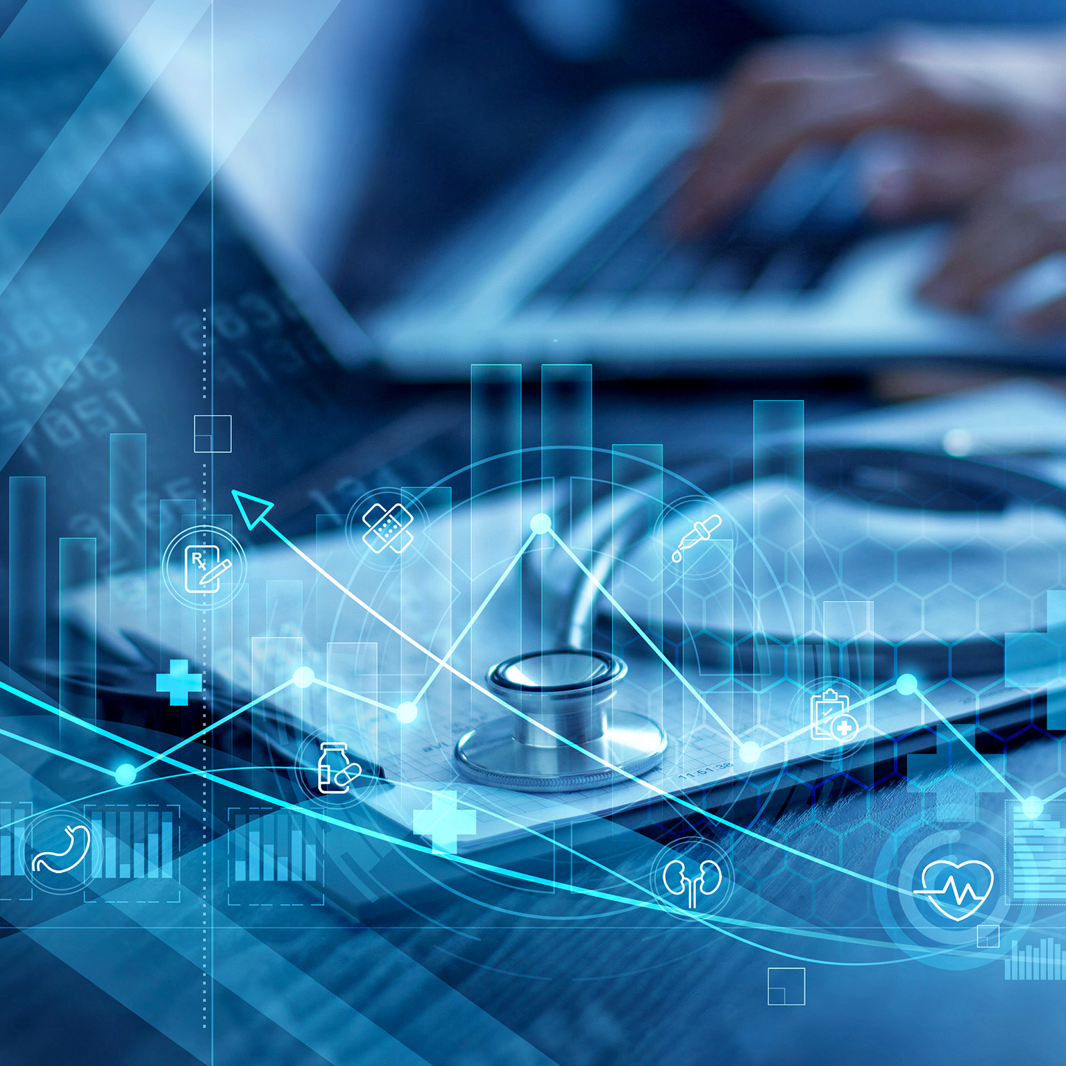 Image depicts a futuristic healthcare concept, showing a stethoscope, digital charts, and graphs overlaid with medical and financial data symbols to represent the integration of technology, data, and medicine.