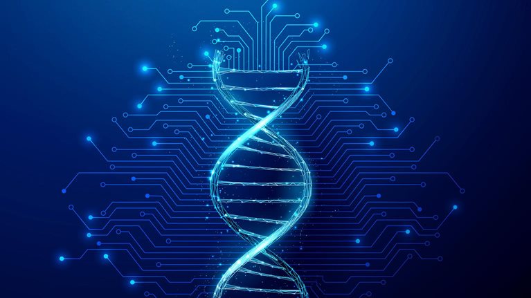 Futuristic DNA strand with electronic circuit lines