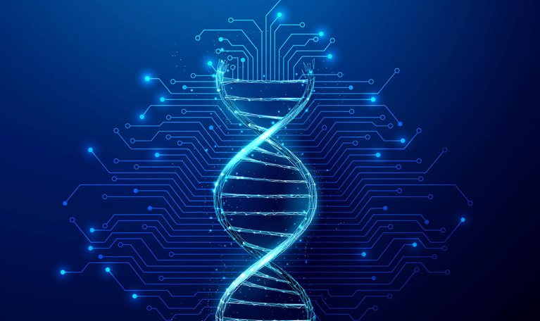 Futuristic DNA strand with electronic circuit lines